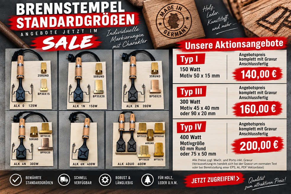 Brennstempel Angebote für elektrische 150, 300 und 400 Watt Brennstempel mit individueller Brennplatte und Gravur